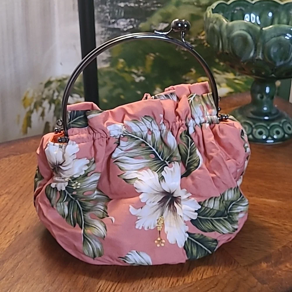 Ky's unique vintage Hawaiian pink floral fabric metal handle clutch purse
